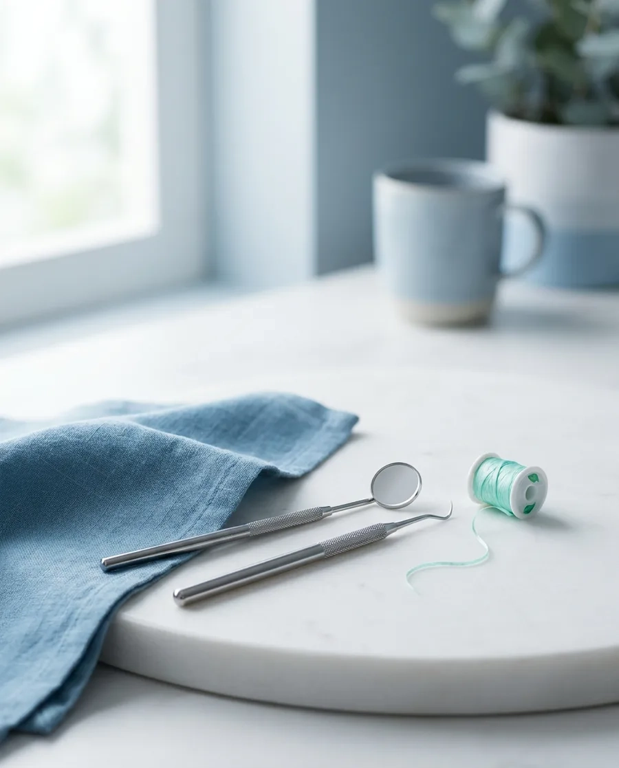 Dental mirror, scaler and floss on a clean clinical surface