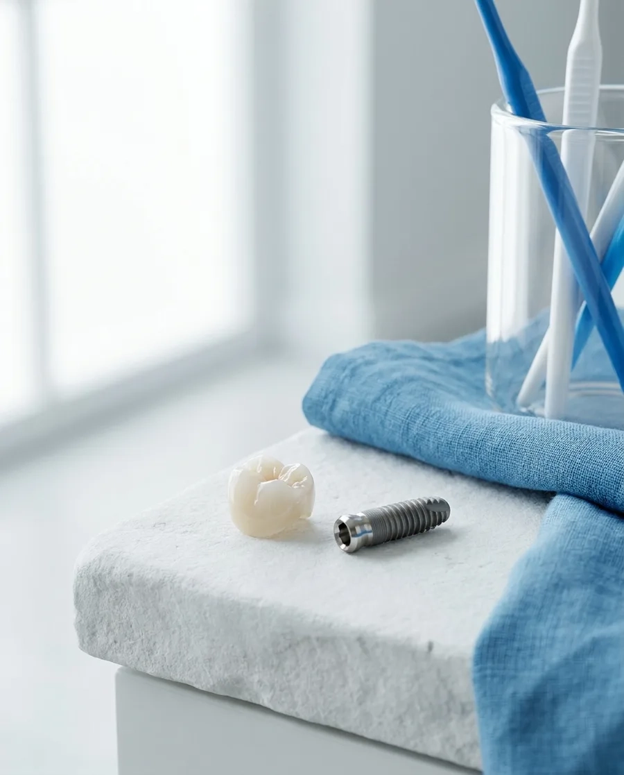 Ceramic crown and dental implant on a clean clinical surface